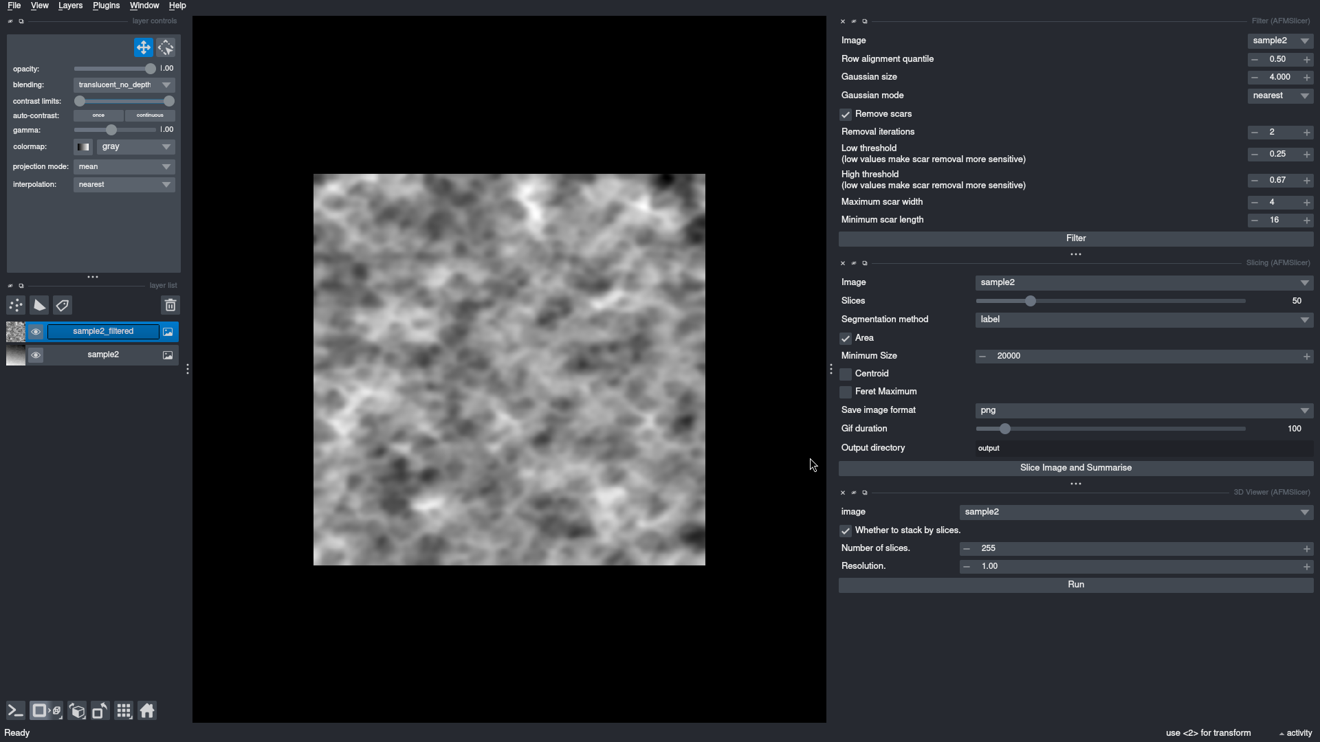 Screenshot of napari after filtering an image.