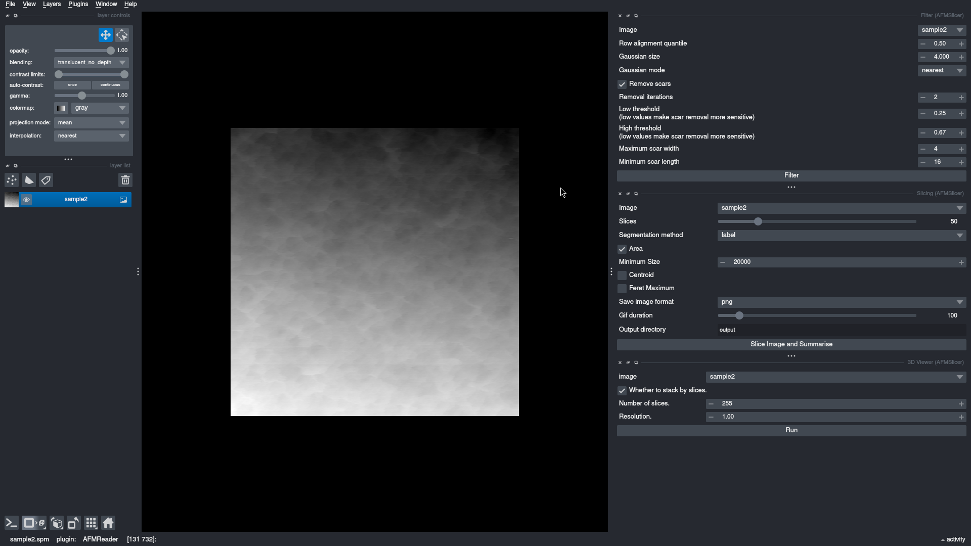 Screenshot of napari with the filter, slicing and 3D viewer plugins loaded as tabs.